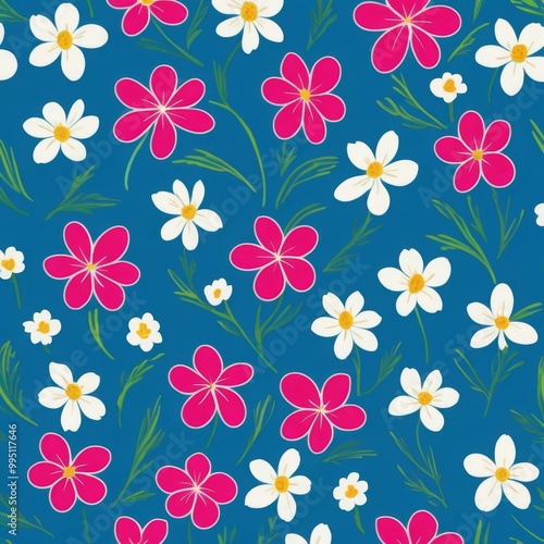 Hot Pink and White Flower Floral Seamless Pattern on Blue Background Wallpaper Backdrop