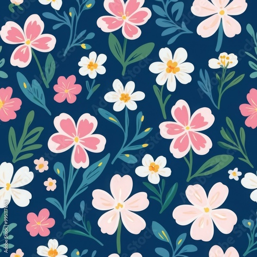 Pink and White Flower Floral Seamless on Navy Blue Pattern Background Wallpaper Backdrop