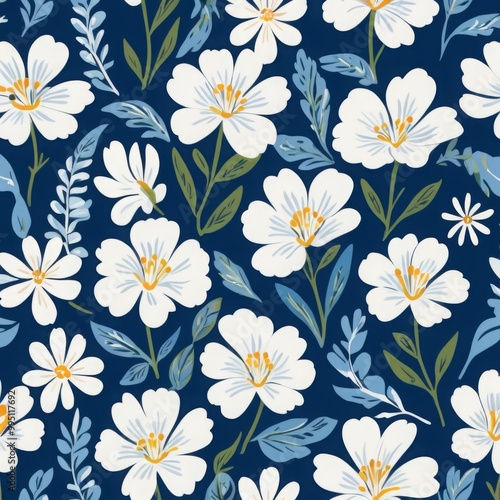 White Flower Floral Seamless Pattern on Navy Blue Background Wallpaper Backdrop