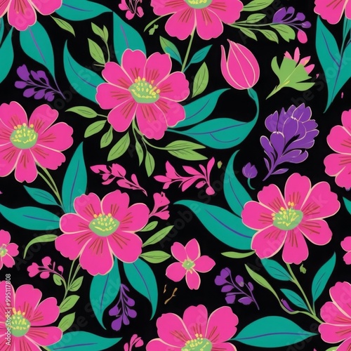 Pink Floral Seamless Pattern on Black Background