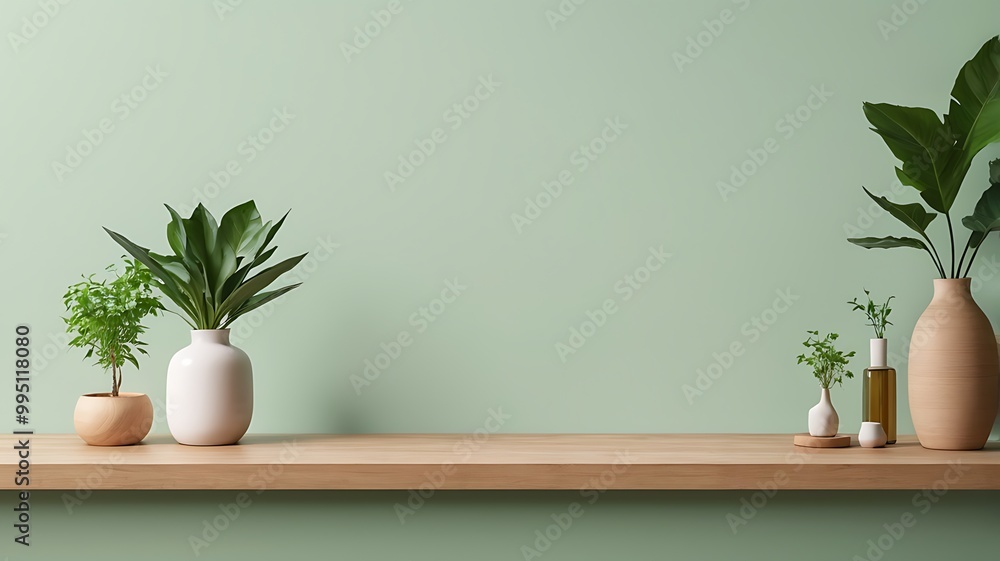 A tabletop in an empty space with a plant in a vase for product display on light green background A tabletop in an empty space with a plant in a vase for product display on light green background