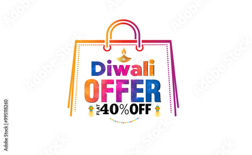 Diwali Offer, sale, festival deals, festive discount logo concept with shopping bag.