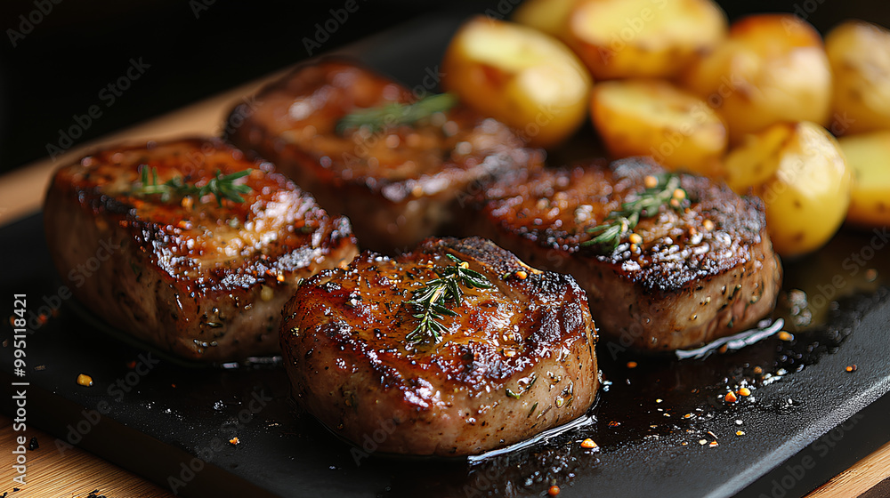 Juicy lamb chops with a rosemary garlic marinade, perfectly seared, served with roasted potatoes. Juicy lamb chops with a rosemary garlic marinade, perfectly seared, served with roasted potatoes.
