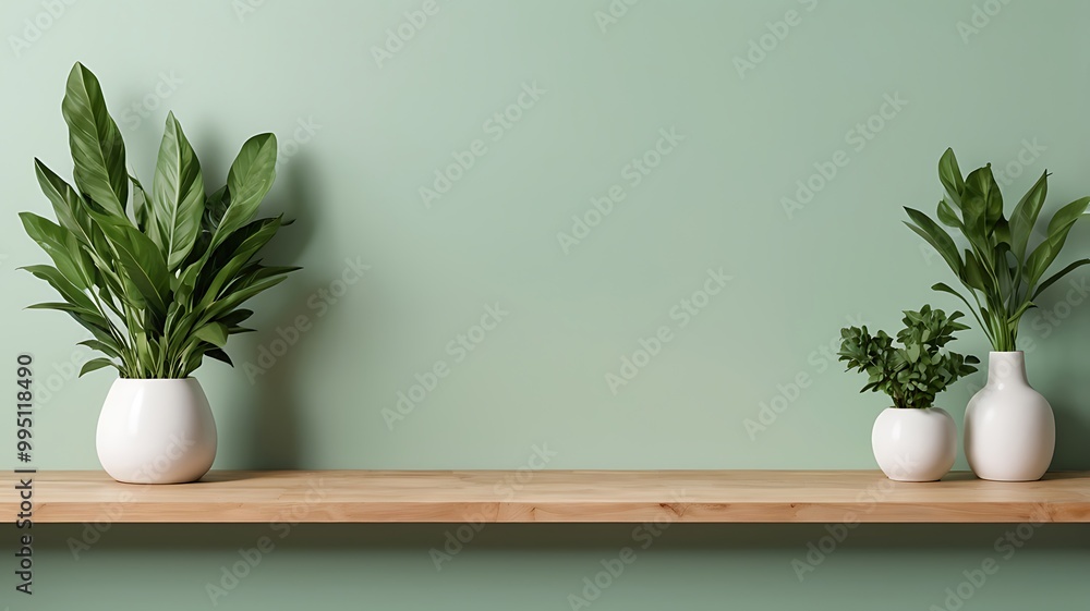 A tabletop in an empty space with a plant in a vase for product display on light green background A tabletop in an empty space with a plant in a vase for product display on light green background