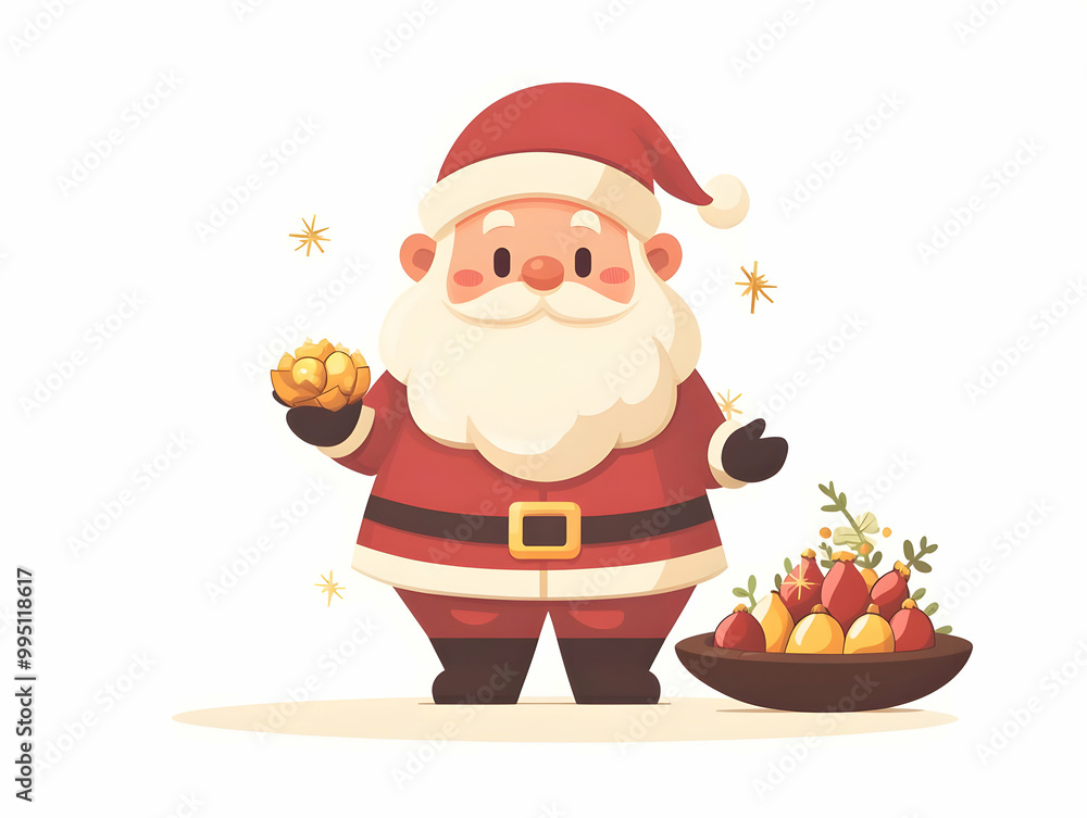Flat Santa Beside a Krathong with Glowing Gems - Capture the Holiday Spirit with This Simple Vector Illustration Featuring Ample Copy Space for Messages Flat Santa Beside a Krathong with Glowing Gems - Capture the Holiday Spirit with This Simple Vector Illustration Featuring Ample Copy Space for Messages