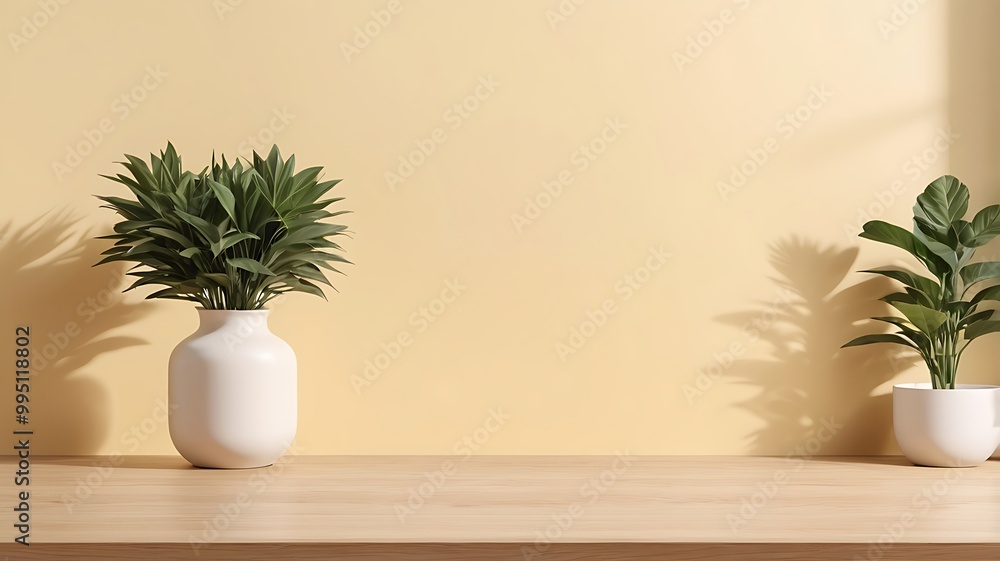 A tabletop in an empty space with a plant in a vase for product display on light yellow background A tabletop in an empty space with a plant in a vase for product display on light yellow background