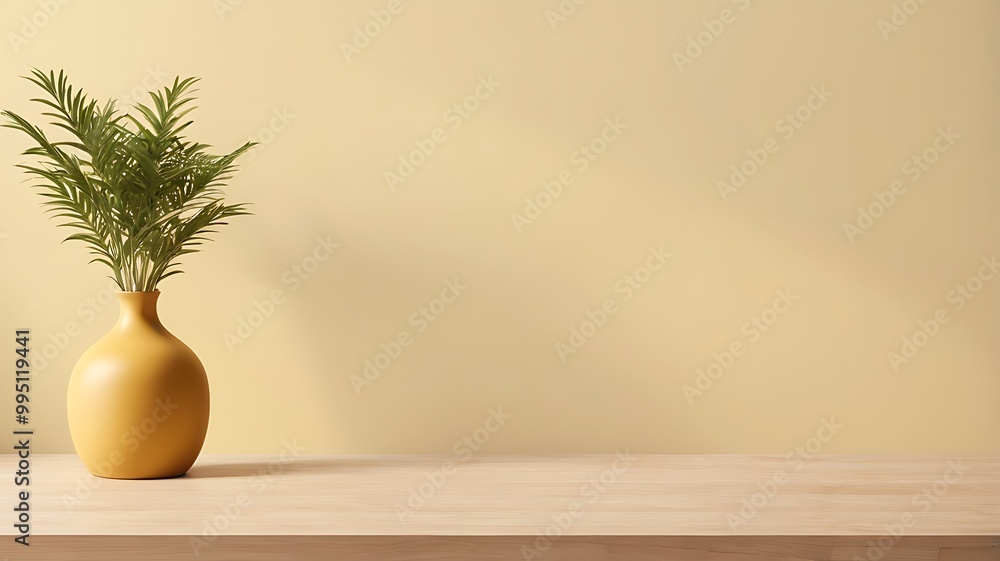 A tabletop in an empty space with a plant in a vase for product display on light yellow background A tabletop in an empty space with a plant in a vase for product display on light yellow background
