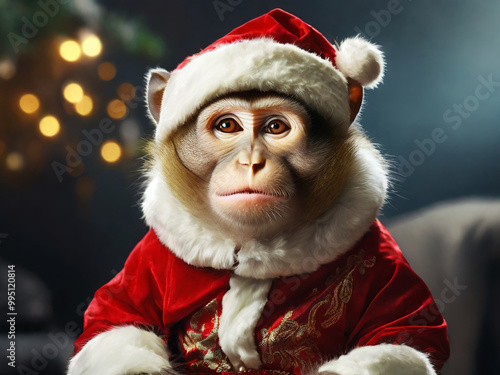 animal mammal monkey in red santa claus costume for christmas new year holidays photo