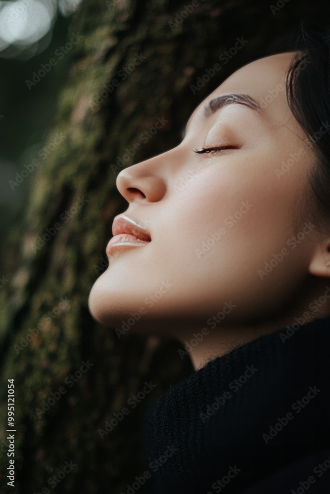 A person breathing deeply while resting against a tree trunk. The grounding experience promotes a sense of calm and connection A person breathing deeply while resting against a tree trunk. The grounding experience promotes a sense of calm and connection