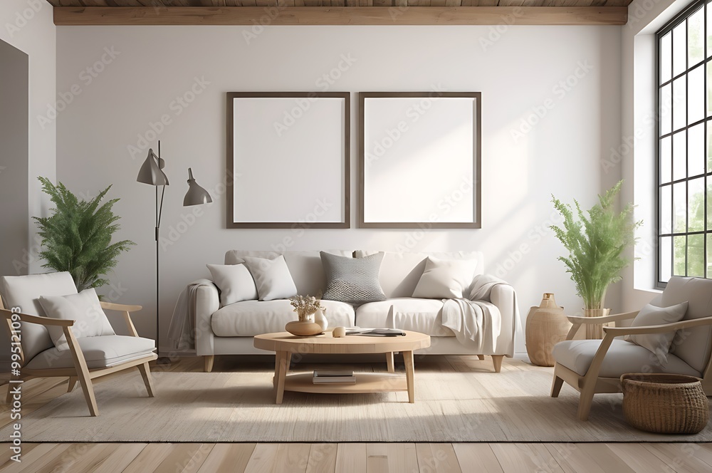 Fototapeta premium 3D render of a mockup blank frame in a house living room