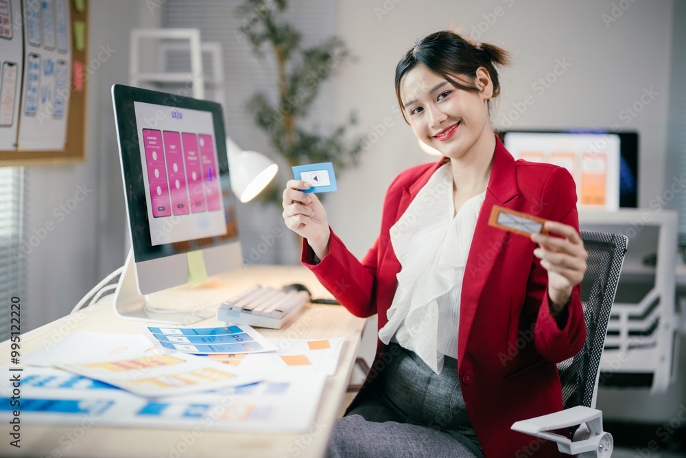 Smiling asian woman ux ui designer with prototypes in creative office ...