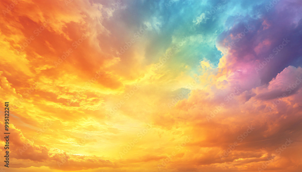 A dreamy sky transitioning from a golden sunset to a full spectrum of rainbow colors, giving off a vibrant yet calming feel A dreamy sky transitioning from a golden sunset to a full spectrum of rainbow colors, giving off a vibrant yet calming feel