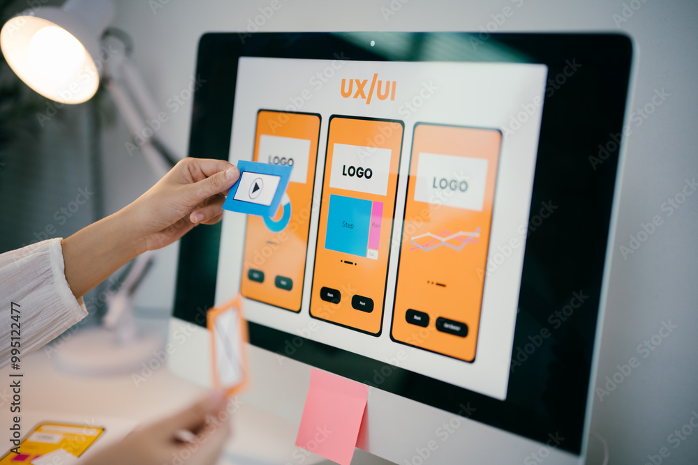 © Parichat - Female ux ui designer is working on a user experience for a mobile application, creating a wireframe with sticky notes on a computer screen © Parichat - Female ux ui designer is working on a user experience for a mobile application, creating a wireframe with sticky notes on a computer screen