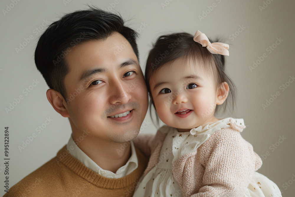 Young Chinese father and cute daughter interacting and smiling in plain background, dressed in simple Uniqlo clothes, family photo portrait. Young Chinese father and cute daughter interacting and smiling in plain background, dressed in simple Uniqlo clothes, family photo portrait.