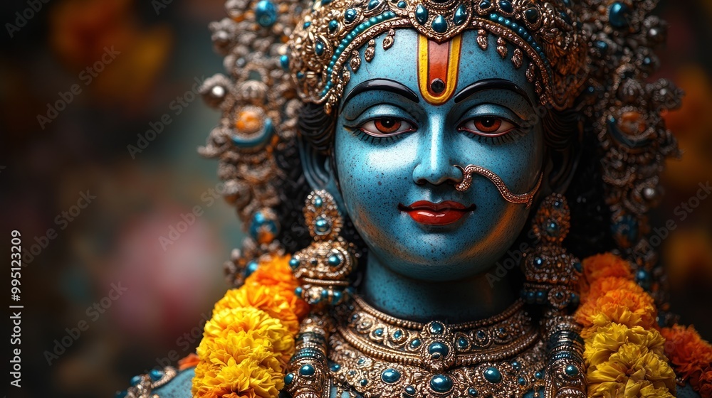 A vibrant depiction of a deity adorned with floral garlands. A vibrant depiction of a deity adorned with floral garlands.