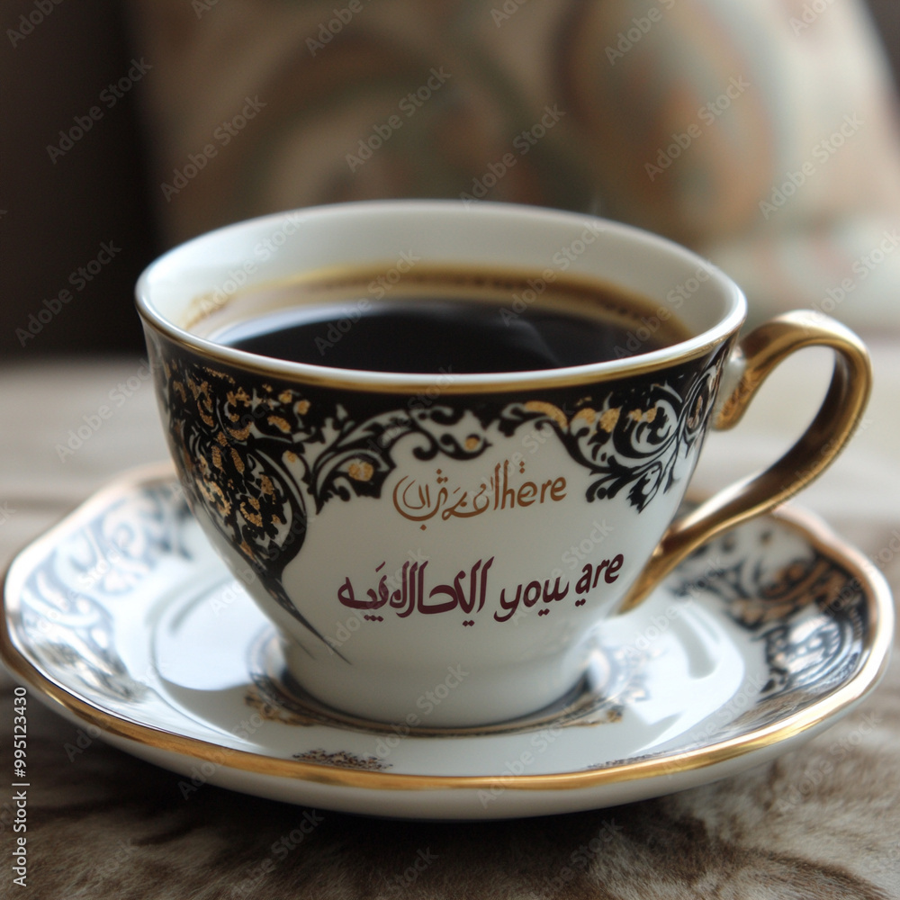 Arabic coffee cup (the translation of the text appears on the cup: it is term used in Saudi Arabia means hospitality or it means Arabic coffee cup (the translation of the text appears on the cup: it is term used in Saudi Arabia means hospitality or it means