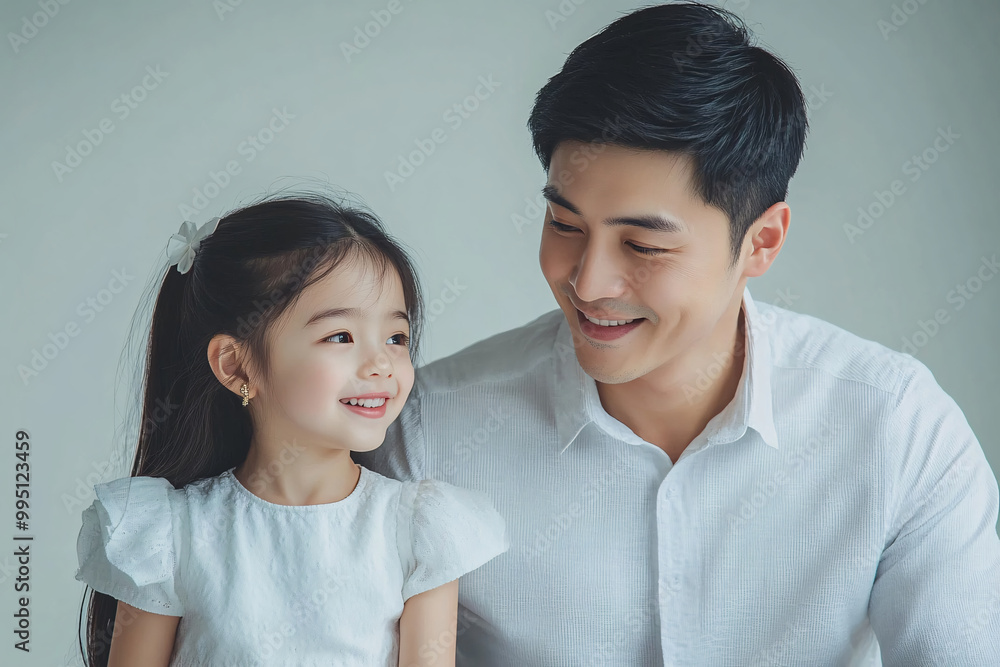 Young Chinese father and cute daughter interacting and smiling in plain background, dressed in simple Uniqlo clothes, family photo portrait. Young Chinese father and cute daughter interacting and smiling in plain background, dressed in simple Uniqlo clothes, family photo portrait.