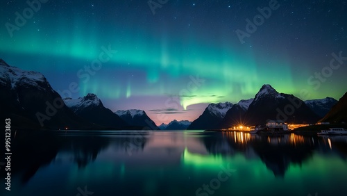 Northern Lights Stars Mountains Lake Lofoten Islands Norway