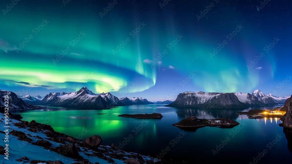 Naklejka premium Northern Lights Stars Mountains Lake Lofoten Islands Norway
