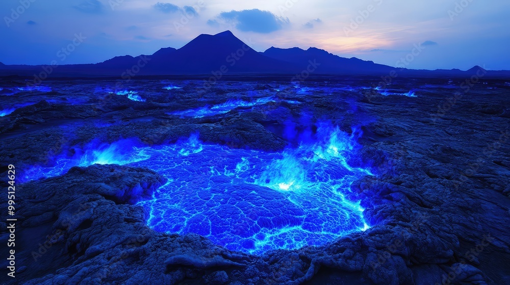 Fototapeta premium The otherworldly glow of blue lava surrounded