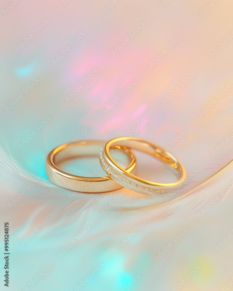 Two golden wedding rings entwined on a feather, symbolizing love and unity against a pastel backdrop. Two golden wedding rings entwined on a feather, symbolizing love and unity against a pastel backdrop.