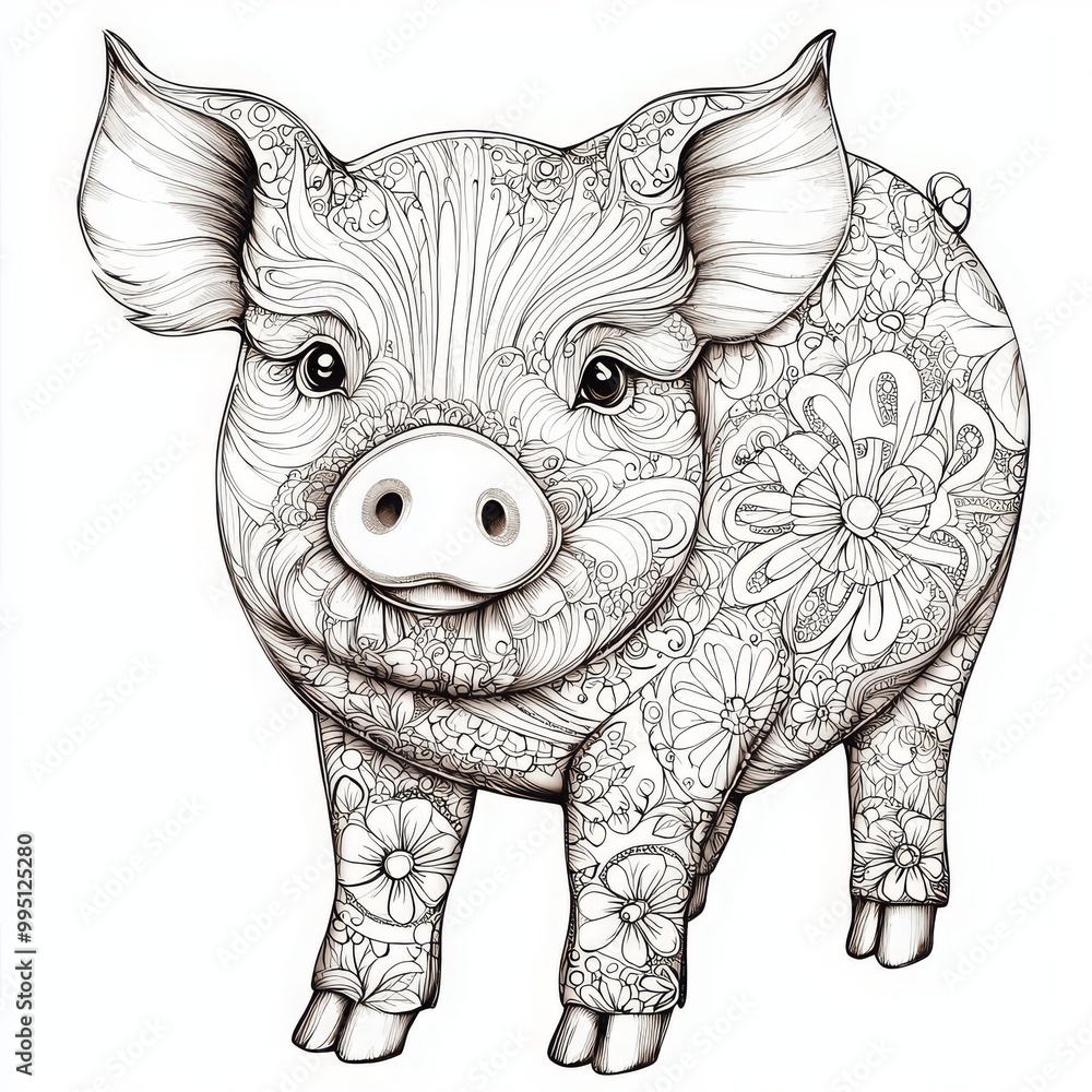 Fototapeta premium coloring page for adults : Detailed Illustration of a Decorative Pig Design