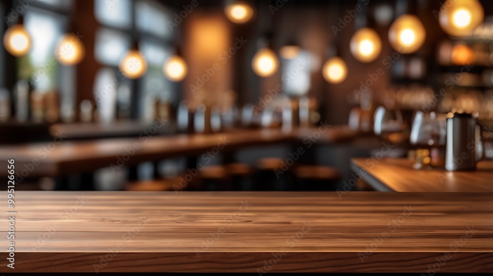 empty wooden brown table top on the background of a blurred bar empty wooden brown table top on the background of a blurred bar