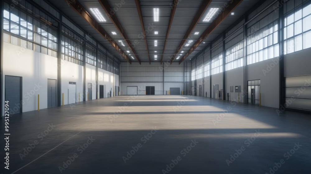 Spacious industrial warehouse interior with ample natural light and clean, open space for storage or manufacturing purposes. Spacious industrial warehouse interior with ample natural light and clean, open space for storage or manufacturing purposes.