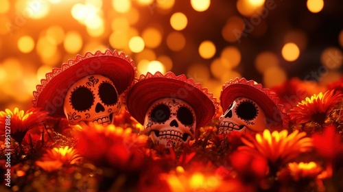 Colorful sugar skulls adorned with sombreros amidst vibrant flowers.