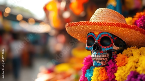 Colorful sugar skull decoration with a sombrero and vibrant flowers.