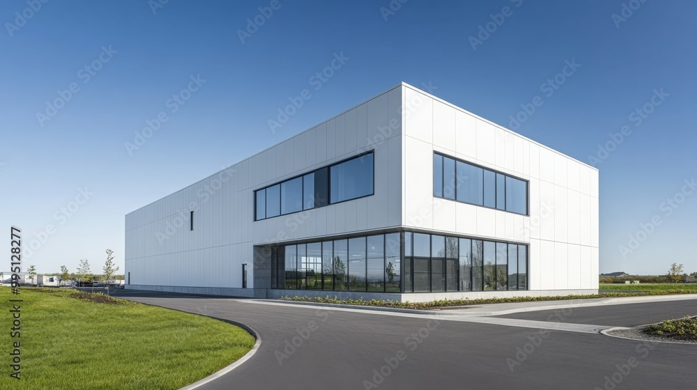 Modern architectural building with large windows and a sleek facade, set against a clear blue sky and green landscape. Modern architectural building with large windows and a sleek facade, set against a clear blue sky and green landscape.