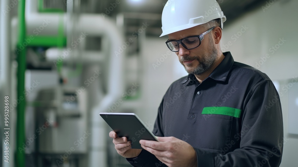 A professional wearing a helmet examines data on a digital tablet in an industrial setting, reflecting modern manufacturing practices. A professional wearing a helmet examines data on a digital tablet in an industrial setting, reflecting modern manufacturing practices.