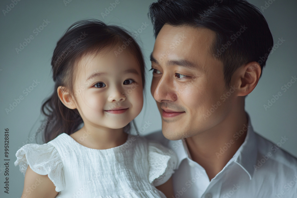 Young Chinese father and cute daughter interacting and smiling in plain background, dressed in simple Uniqlo clothes, family photo portrait. Young Chinese father and cute daughter interacting and smiling in plain background, dressed in simple Uniqlo clothes, family photo portrait.