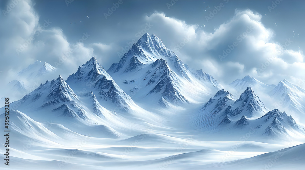 Snowy Mountain Range with Clouds and Birds Snowy Mountain Range with Clouds and Birds