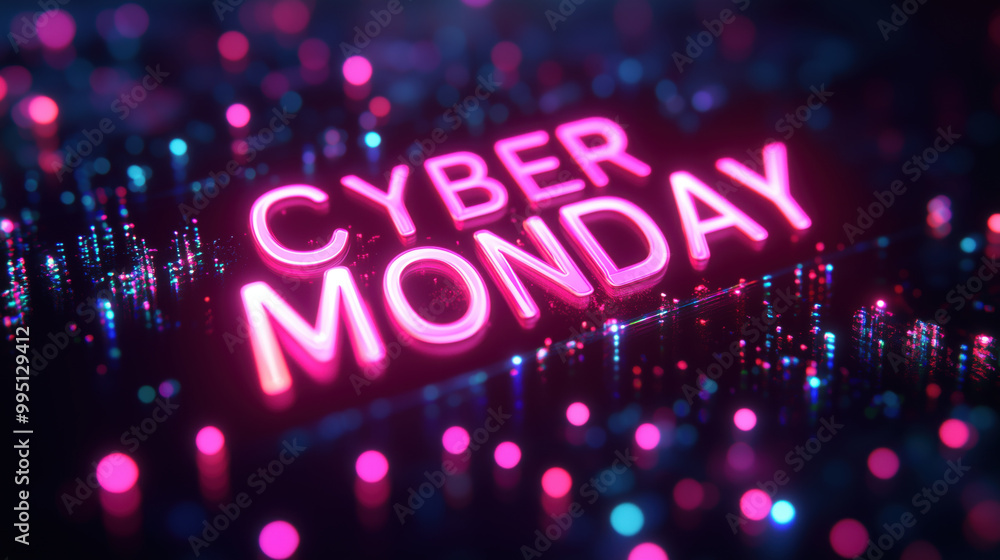Cyber Monday neon sign with vibrant lights and digital background Cyber Monday neon sign with vibrant lights and digital background