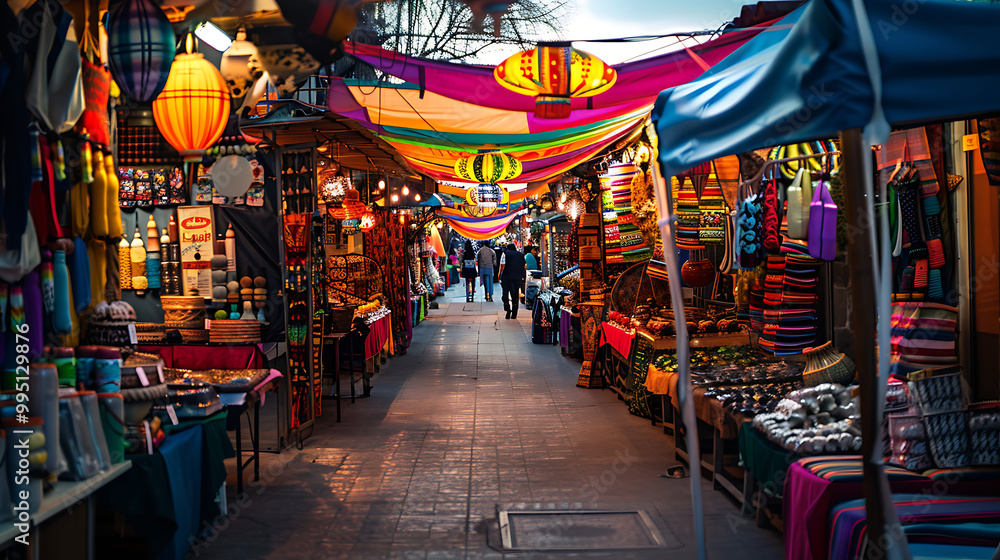 Obraz premium International marketplace with colorful booths selling goods, art, and food from different nations.