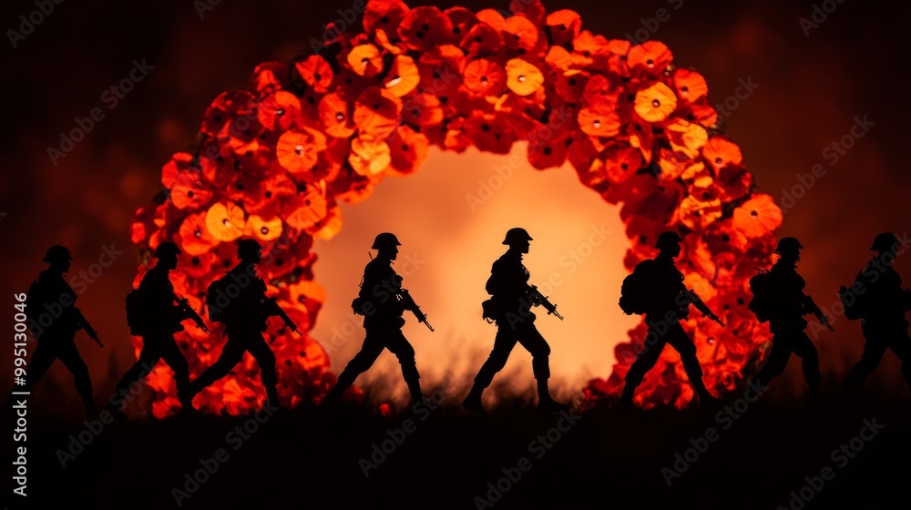 Silhouetted Soldiers Marching Against Fiery Red Poppy Field Background at Sunset Silhouetted Soldiers Marching Against Fiery Red Poppy Field Background at Sunset