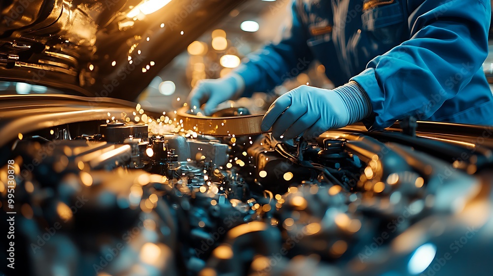 A mechanic in blue coveralls carefully replacing a car belt under a brightly lit car hood, with detailed engine components visible. The light reflects off the metallic engine parts, creating a clean, A mechanic in blue coveralls carefully replacing a car belt under a brightly lit car hood, with detailed engine components visible. The light reflects off the metallic engine parts, creating a clean,