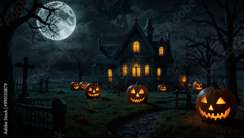 A large, dark house with lit jack-o'-lanterns in a graveyard under a full moon.