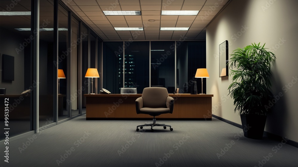 Fototapeta premium Empty Modern Office at Night with Soft Lighting