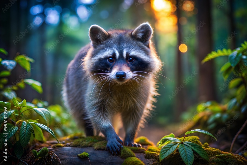 Raccoon standing in forest looking at camera Raccoon standing in forest looking at camera