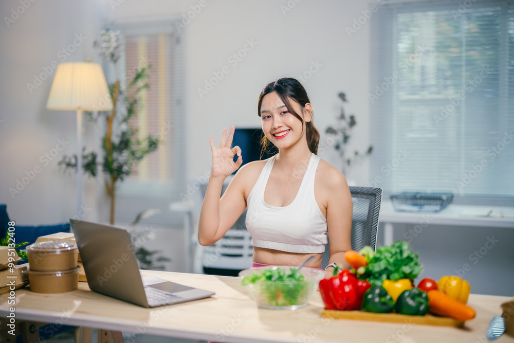 Young asian nutritionist woman is showing the ok sign while working from home at her desk. She has a healthy salad in front of her and fresh vegetables Young asian nutritionist woman is showing the ok sign while working from home at her desk. She has a healthy salad in front of her and fresh vegetables