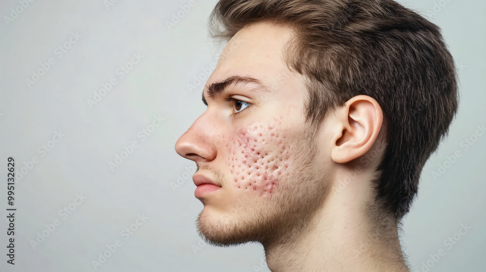 Fototapeta premium Closeup man face with red pimples, inflammation on face and problem skin. Acne, rosacea and couperose therapy. Facial treatment skincare routine and hygiene Cosmetic and beauty banner with copy space