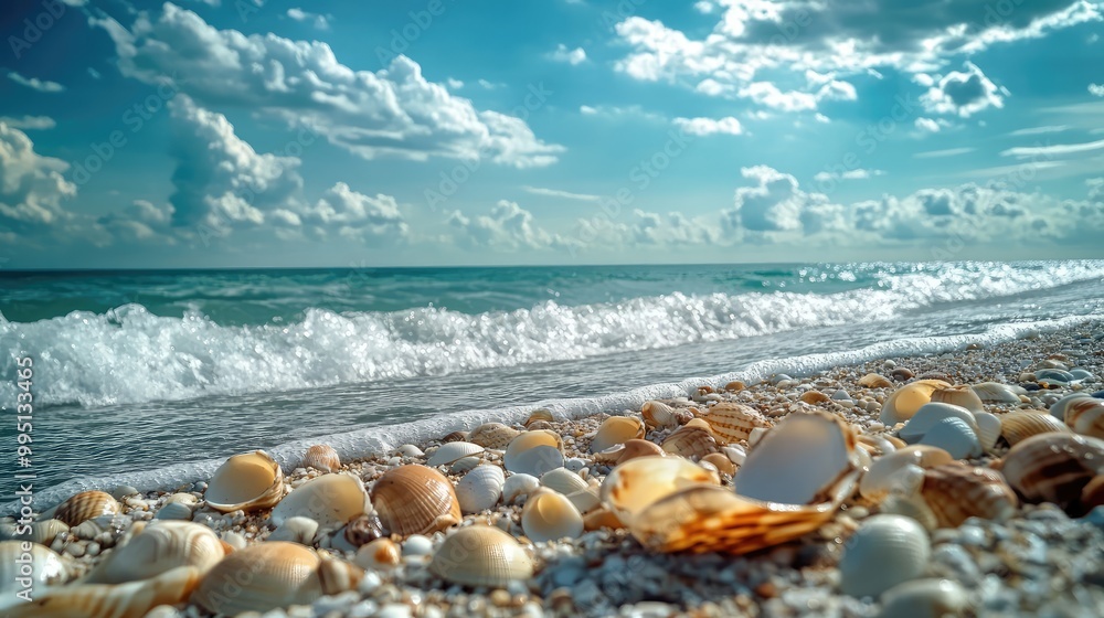 A remote beach with seashells scattered along the shore A remote beach with seashells scattered along the shore