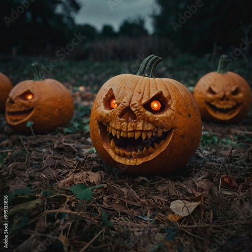 halloween pumpkin with zombie head photo