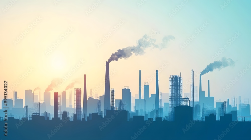 Silhouetted Industrial Skyline with Smoke Plumes at Sunset Silhouetted Industrial Skyline with Smoke Plumes at Sunset