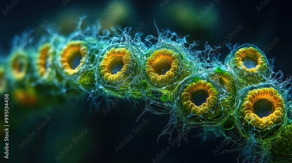 Unicellular green algae under microscope view Unicellular green algae under microscope view