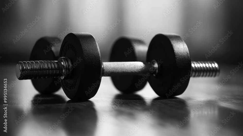 A pair of neatly arranged dumbbells resting on a smooth surface symbolizing fitness and health in a modern setting A pair of neatly arranged dumbbells resting on a smooth surface symbolizing fitness and health in a modern setting
