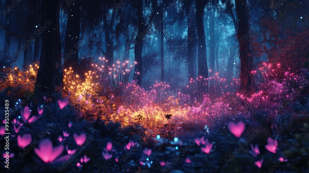 Fototapeta premium A bioluminescent forest where the plants emit a soft, colorful glow