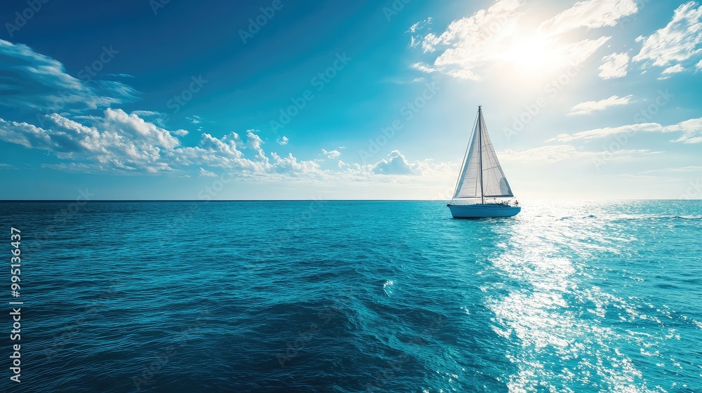 Obraz premium A boat sailing through vibrant blue waters under a clear sky